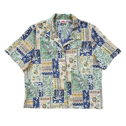 Vintage 90s Alia Blue and Green Floral Patch Print Blouse | Large / Extra-Large