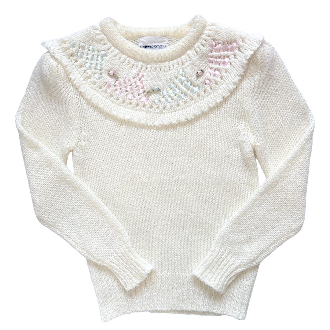 Vintage 1980s Impromptu Ribbon and Rose Collared Sweater | Small