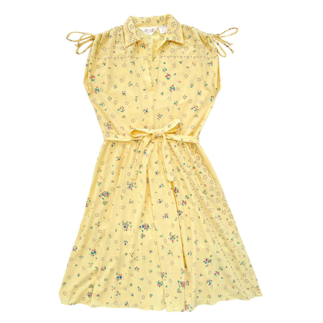 Vintage 1970s Sears Yellow Floral Tie-Shoulder Midi Dress | Medium / Large