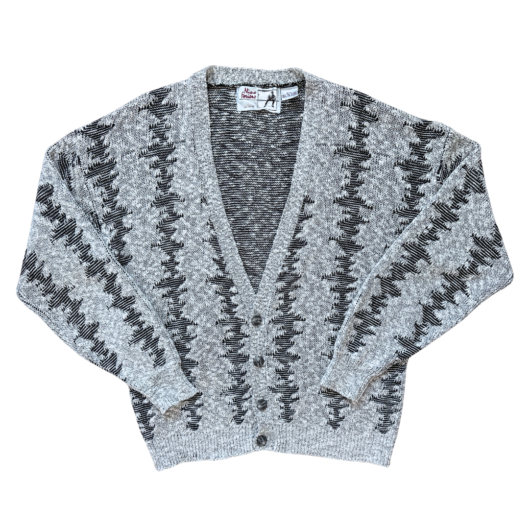 Vintage 1980s-1990s Nino Forilno Men's Gray and Black Abstract Cardigan | Large