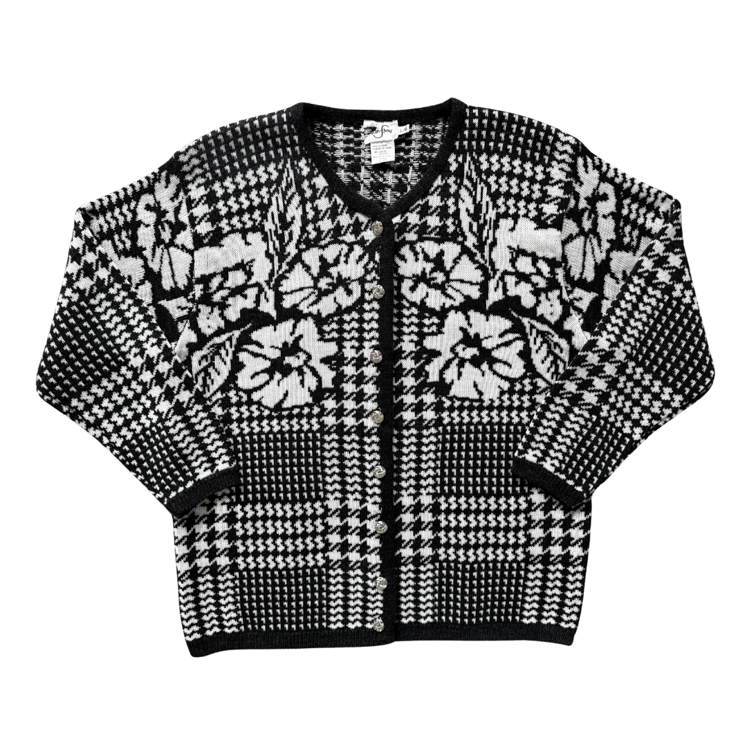 Vintage 90s-Y2K TanJay Grey and White Floral Cardigan | Large / Extra-Large