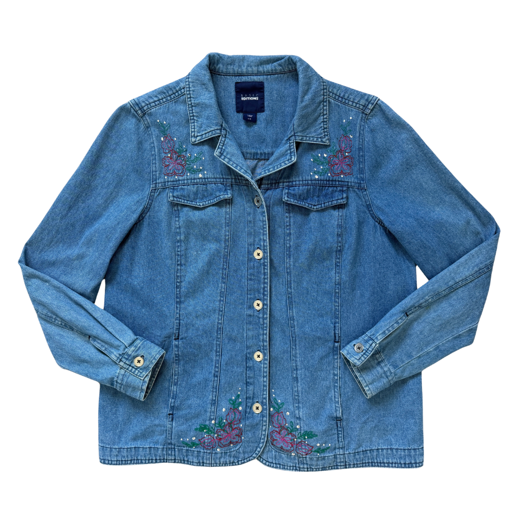 Vintage 90s Basic Editions Light Wash Denim Jacket with Floral Embroidery | Large