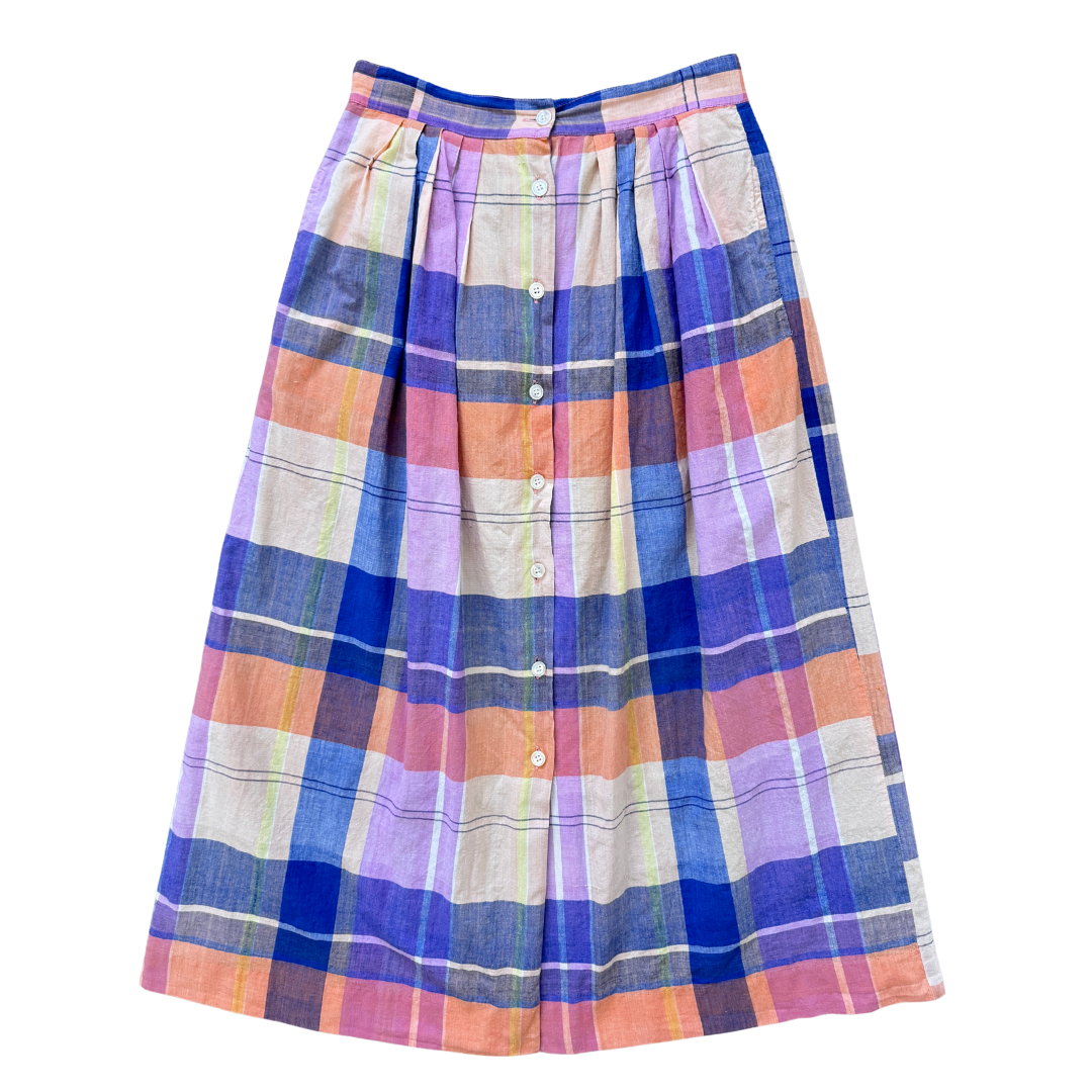 Vintage 1990s T. Lipson Pastel Plaid Button Front Maxi Skirt | Medium-Large