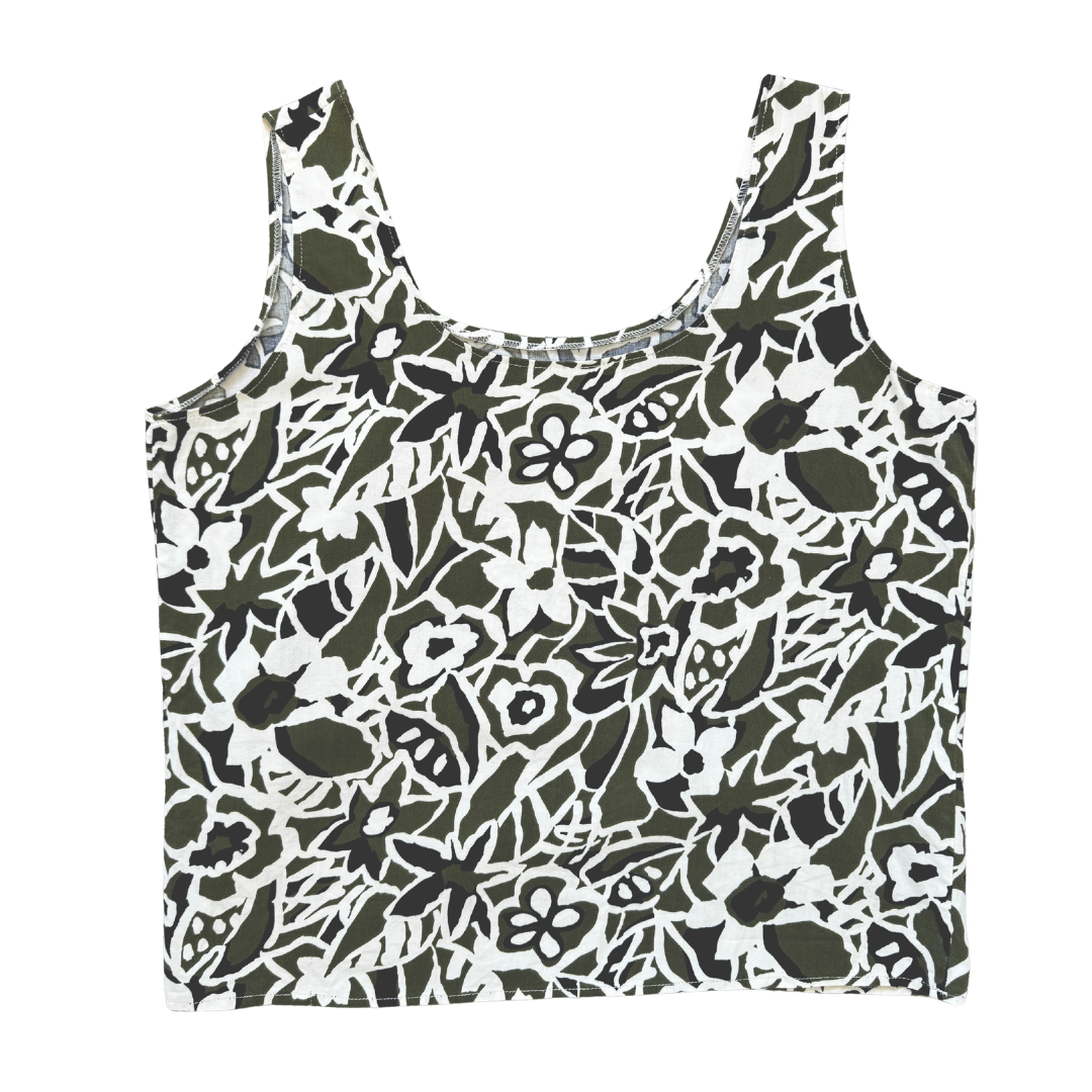Vintage 80s Bold Green and Black Floral Print Tank Top | Medium