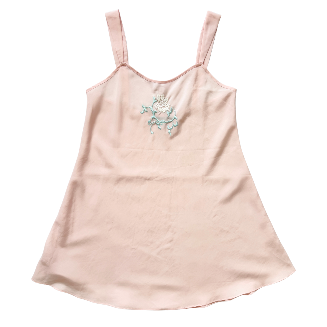Vintage 80s Natori for Avon Baby Pink Slip Dress with Embroidered Rose | Small-Medium