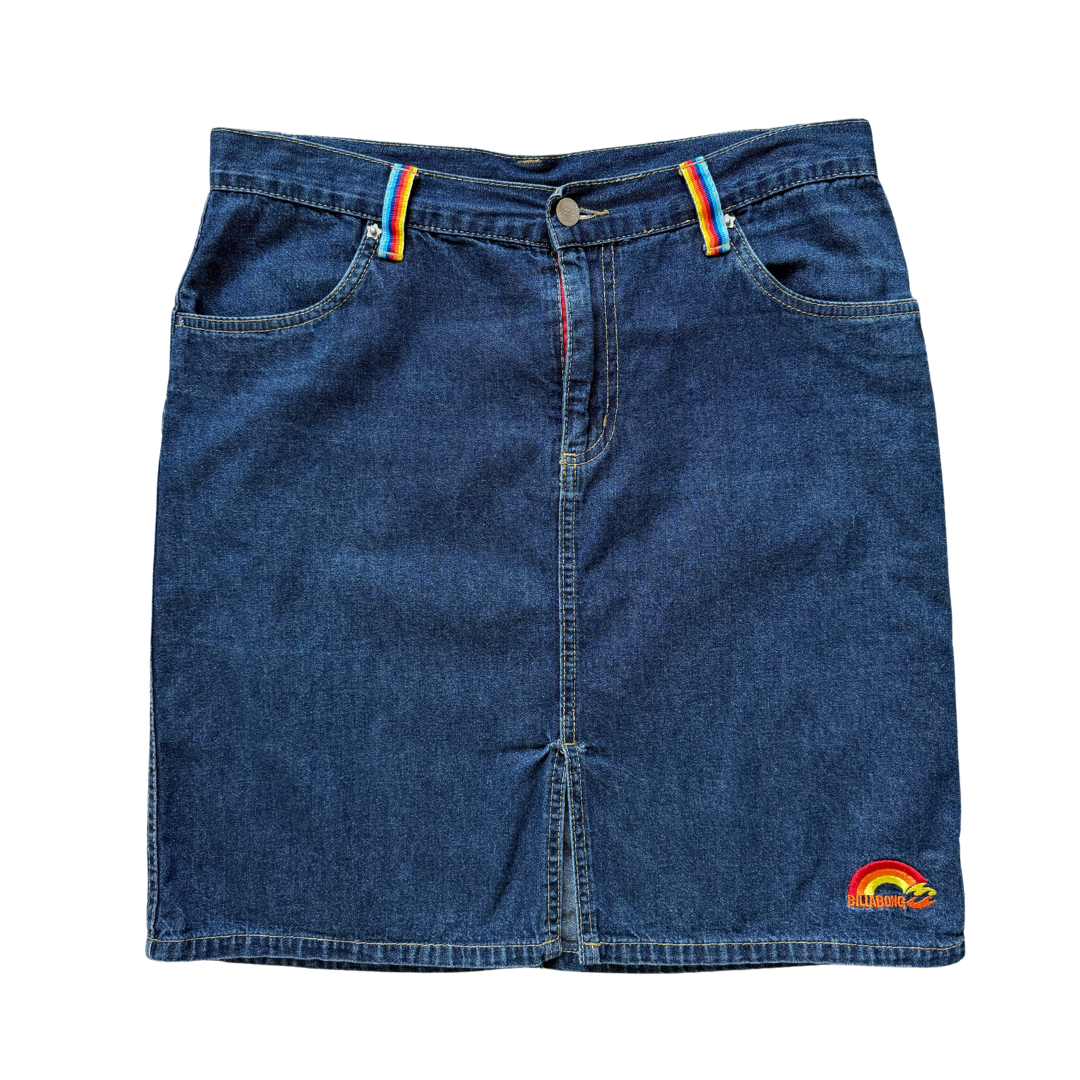Vintage Y2K Billabong Dark Denim Mini Skirt with Rainbow Detail | Large
