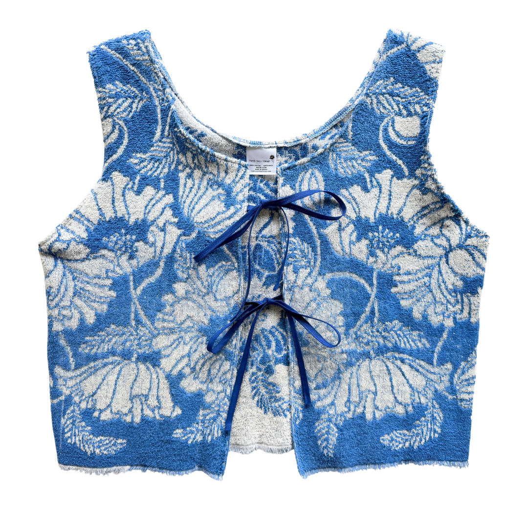 Recycled Blue and White Floral Tie-Front Towel Vest | Medium