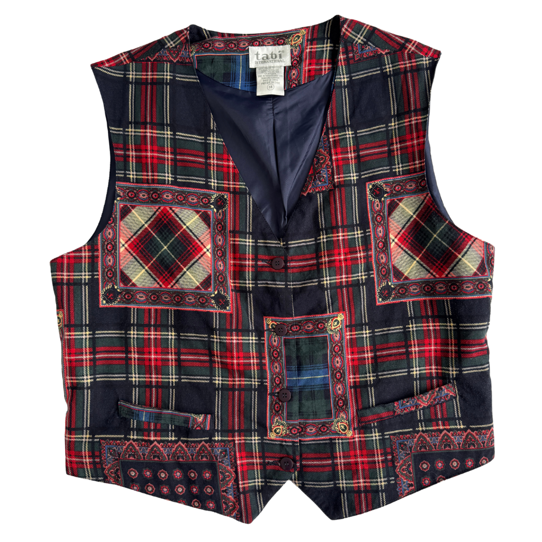 Vintage 1990s Plaid Patchwork Printed Vest | Medium-Large