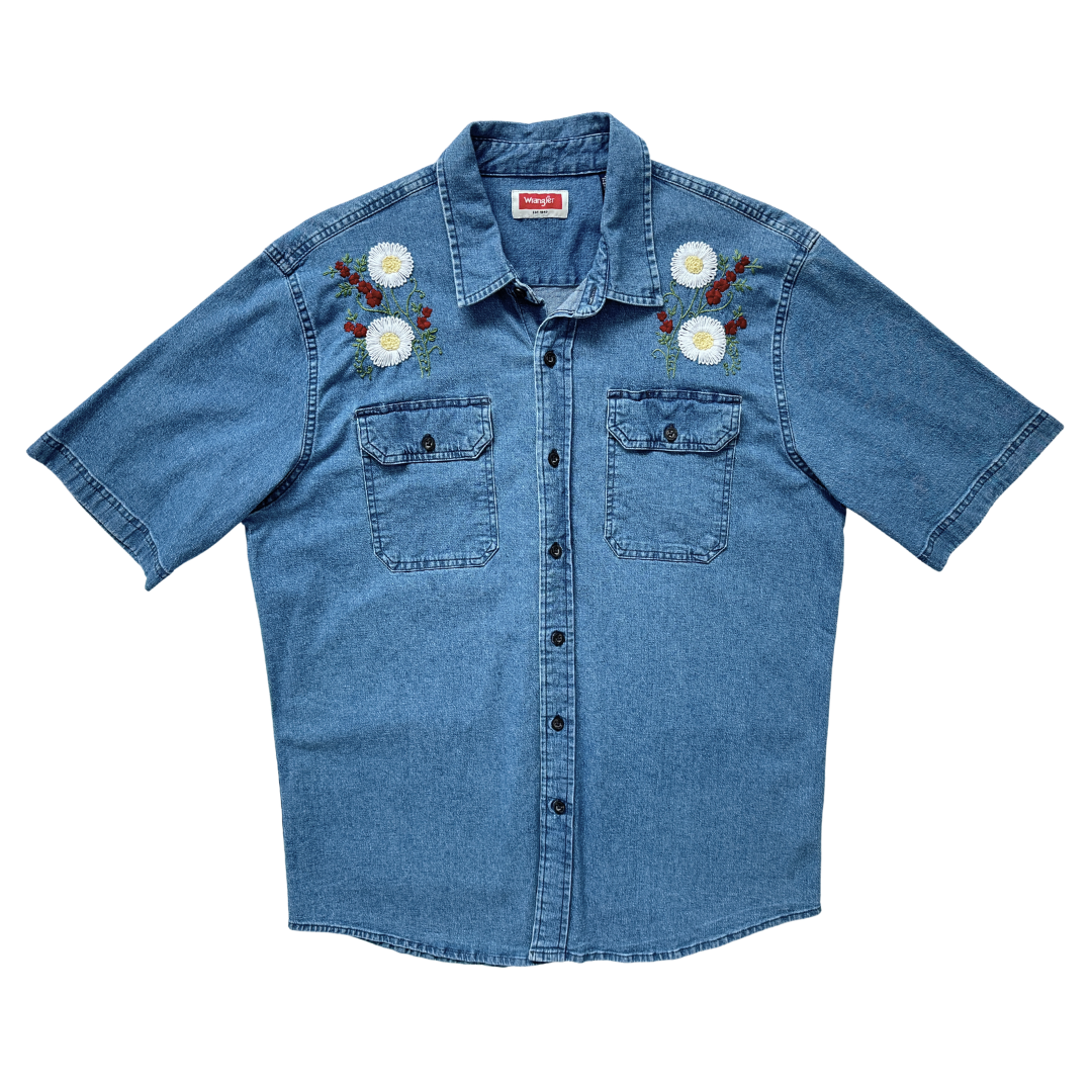 Men's Upcycled Daisy and Red Flowers Hand Embroidered Denim Shirt | Large