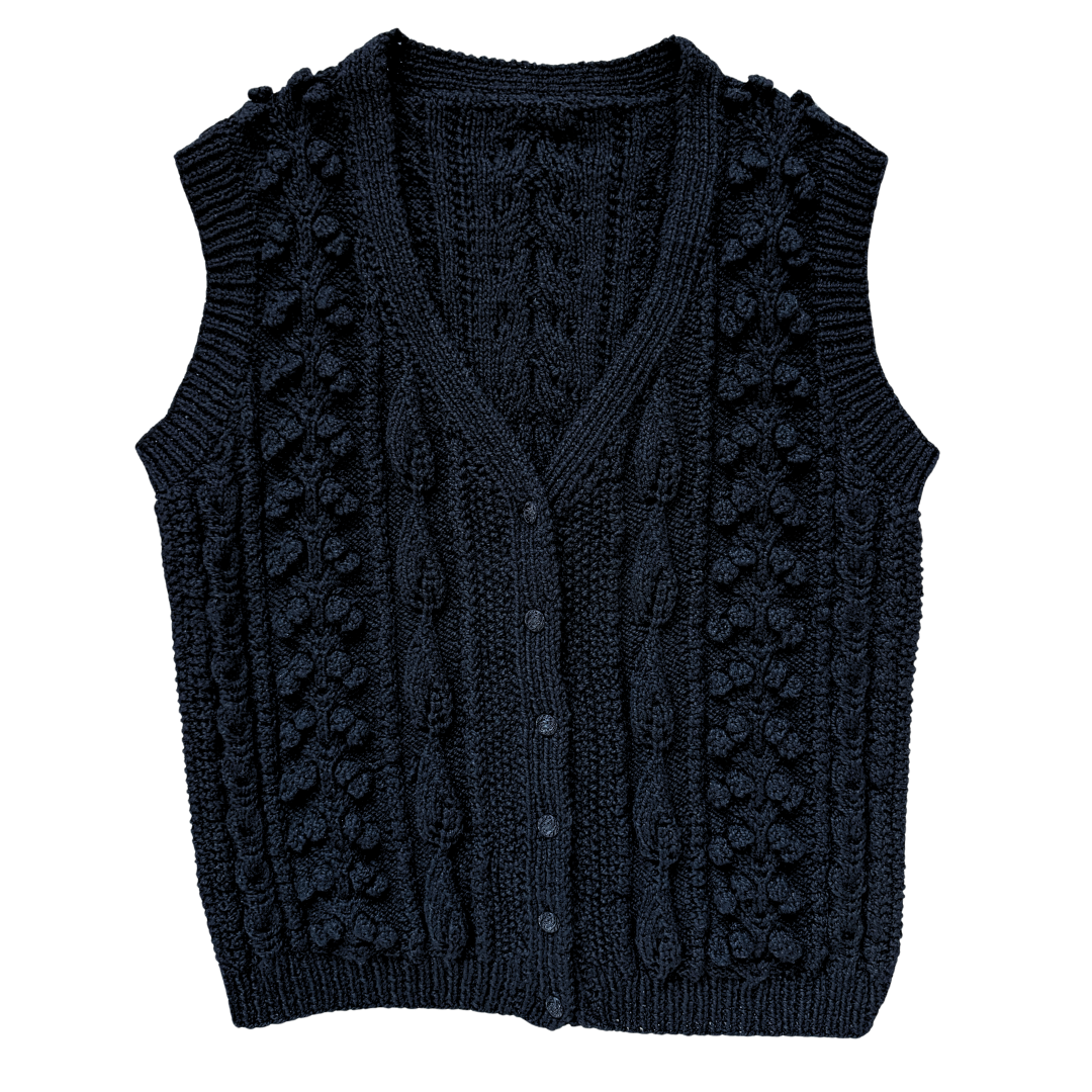 Vintage Hand Knit Black Wool Chunky Knit Vest - Medium - Large