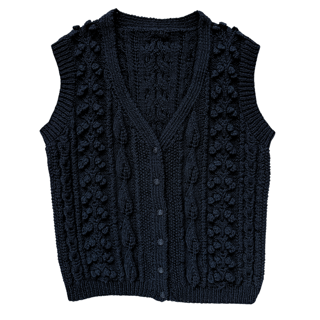 Vintage Hand Knit Black Wool Chunky Knit Vest - Medium - Large