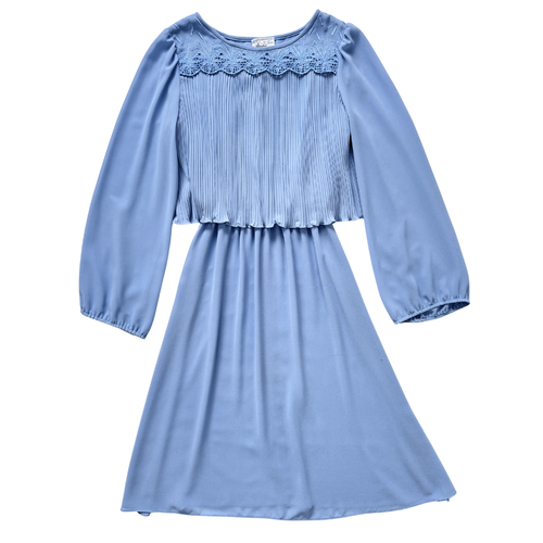 Vintage 1970s A Lawrence Powder Blue Ruffle Dress with Lace Embroidered Collar - Small / Medium