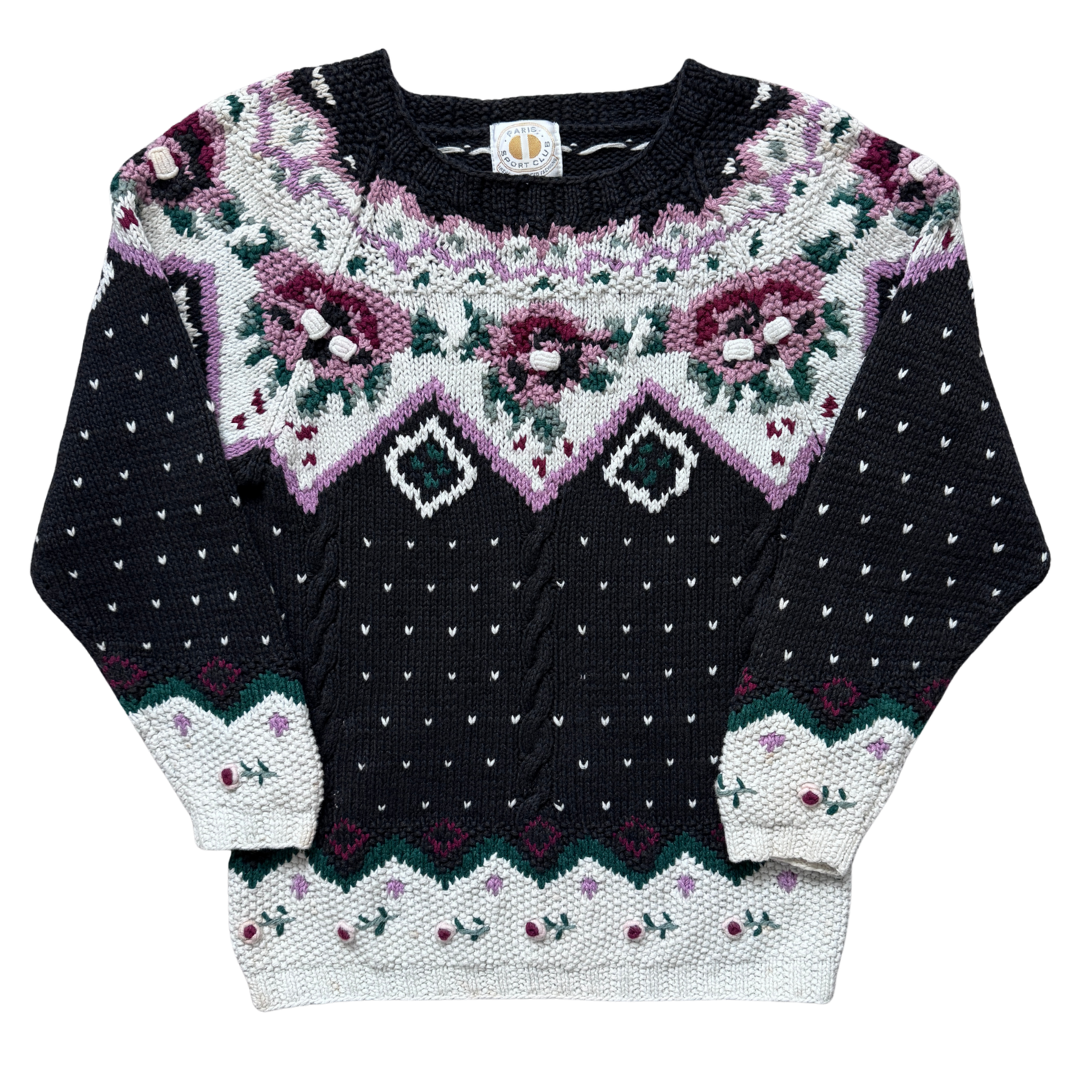 Vintage 1980s Paris Sport Club Black and Floral Knit Sweater | Small-Medium
