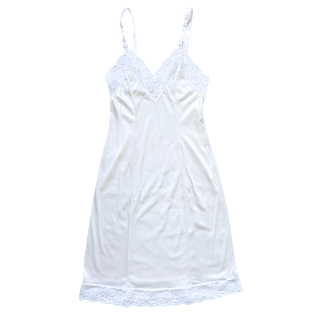 Vintage 1970s-1980s Baycrest White Satin Lace Trim Slip Dress | Extra-small / Small