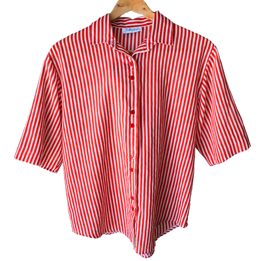 Vintage Red and White Striped Short Sleeve Blouse | Large / Extra-Large