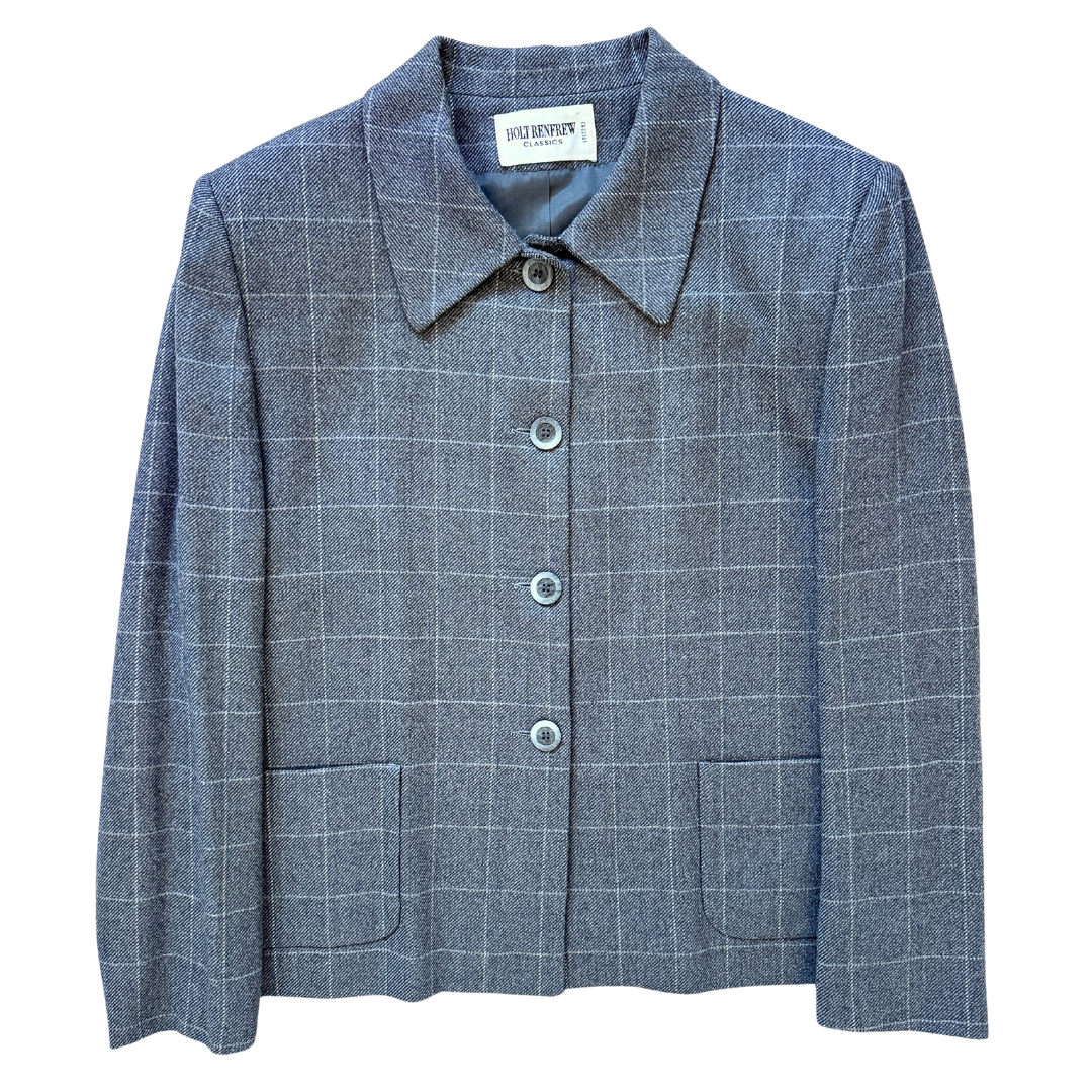 Vintage 1980s-1990s Holt Renfrew Classics Gray Plaid Wool Blazer - Large