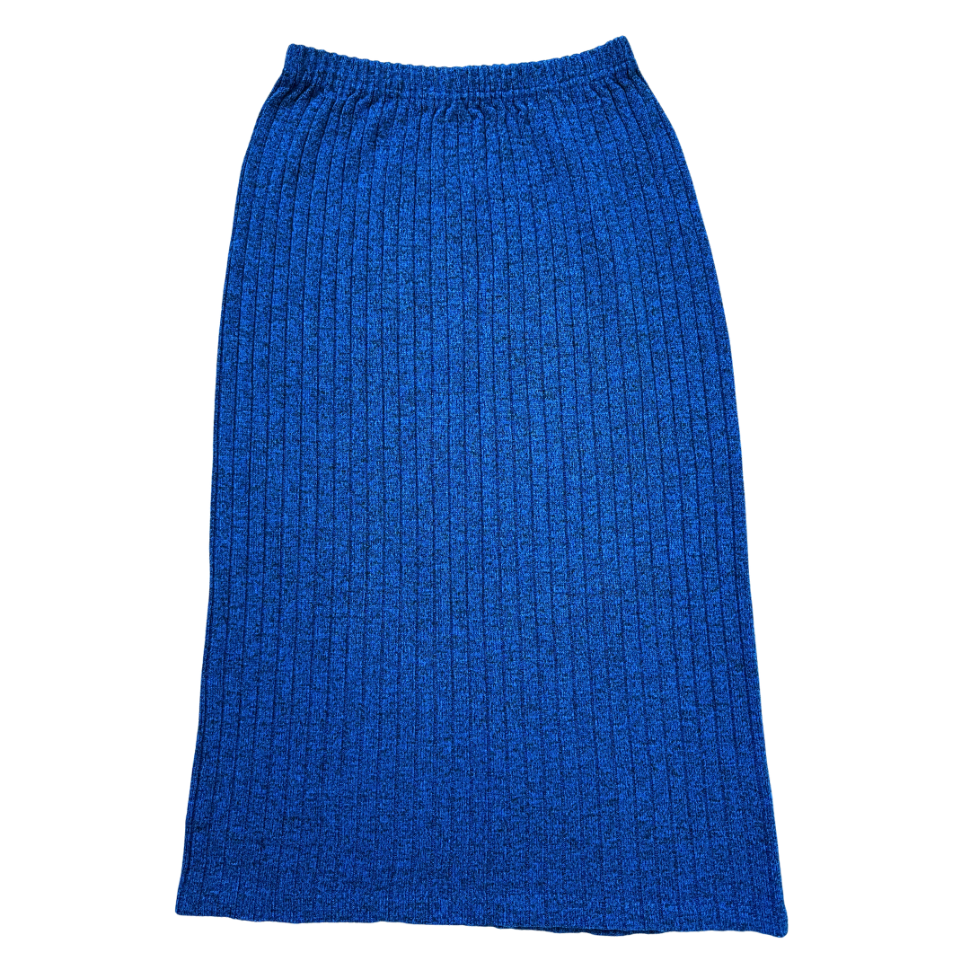 Vintage 80s Pic-Knit Blue and Black Marled Ribbed Knit Maxi Skirt | Small - Medium