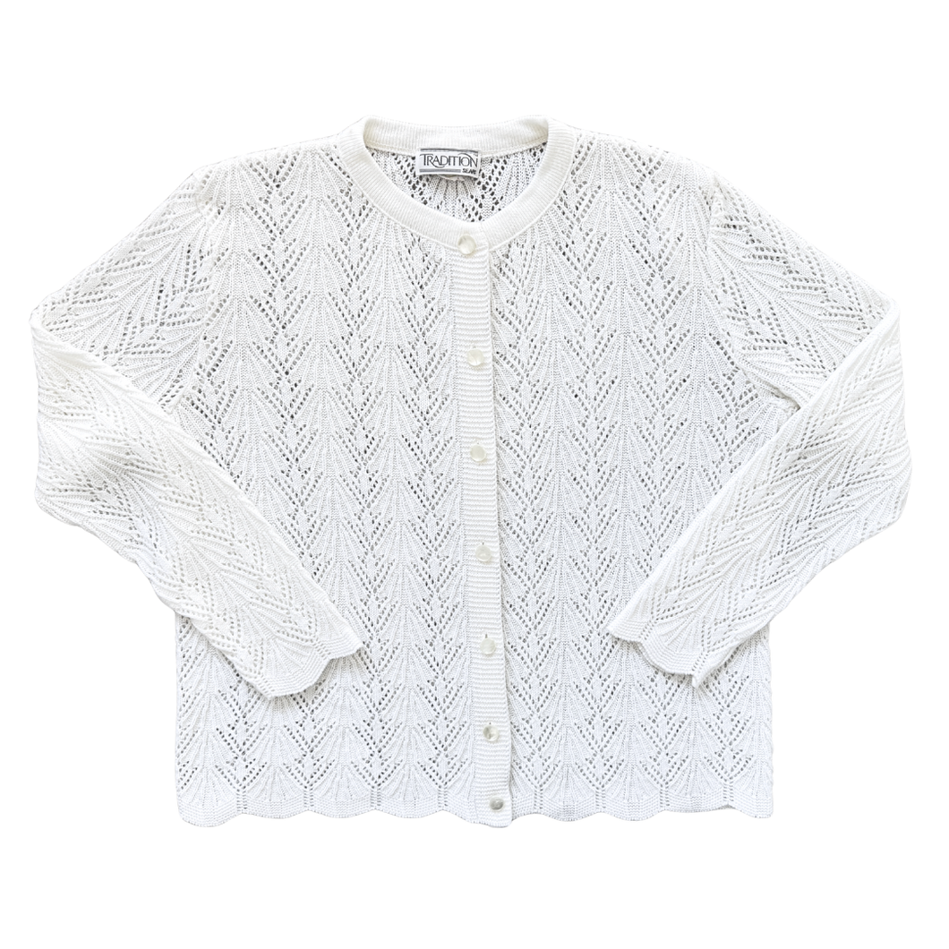 Vintage 1980s-1990s Tradition Sears White Lace Knit Cardigan - Medium / Large