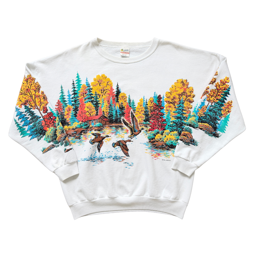 Vintage 1991 Lifestyles California TM Ducks on a Lake White Graphic Crewneck Sweatshirt Unisex