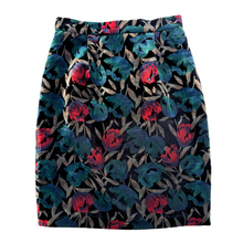 Load image into Gallery viewer, Vintage 1980s Black Velvet Skirt with Blue and Red Tulip Pattern| Medium
