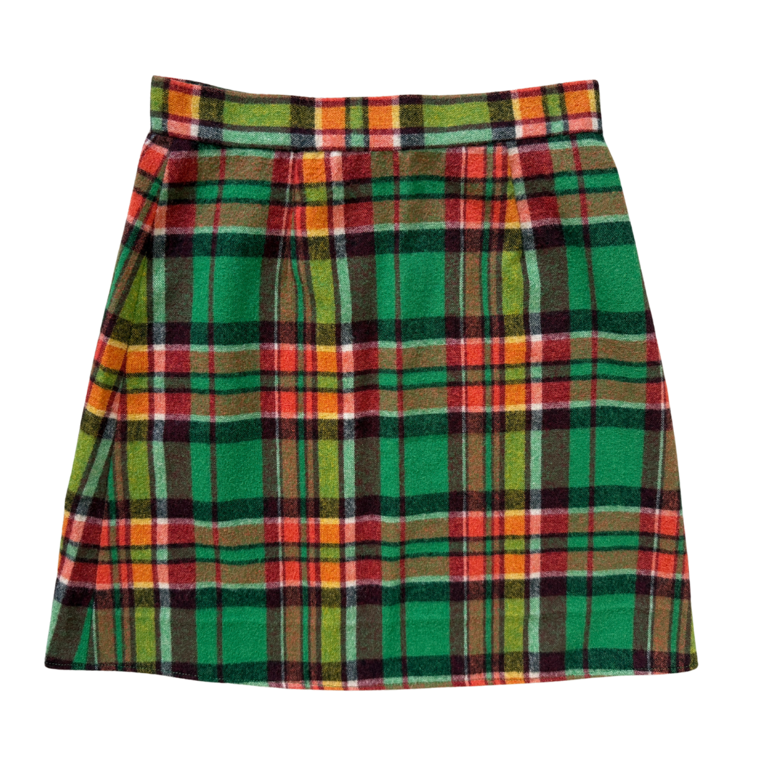 Vintage 70s Green and Orange Plaid Wool Mini Skirt | 2XS