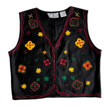 Load image into Gallery viewer, Vintage 1990s Black Wool Blend Vest with Abstract Yarn Embroidery | Small-Medium
