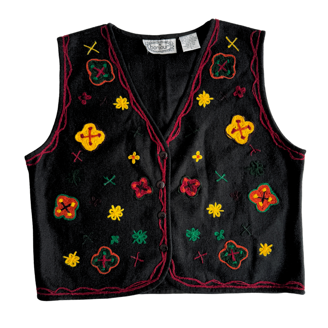 Vintage 1990s Black Wool Blend Vest with Abstract Yarn Embroidery | Small-Medium
