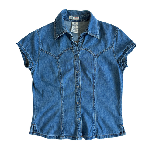 Vintage Y2K 2000s Faded Glory Short Sleeve Denim Blouse | Small-Medium