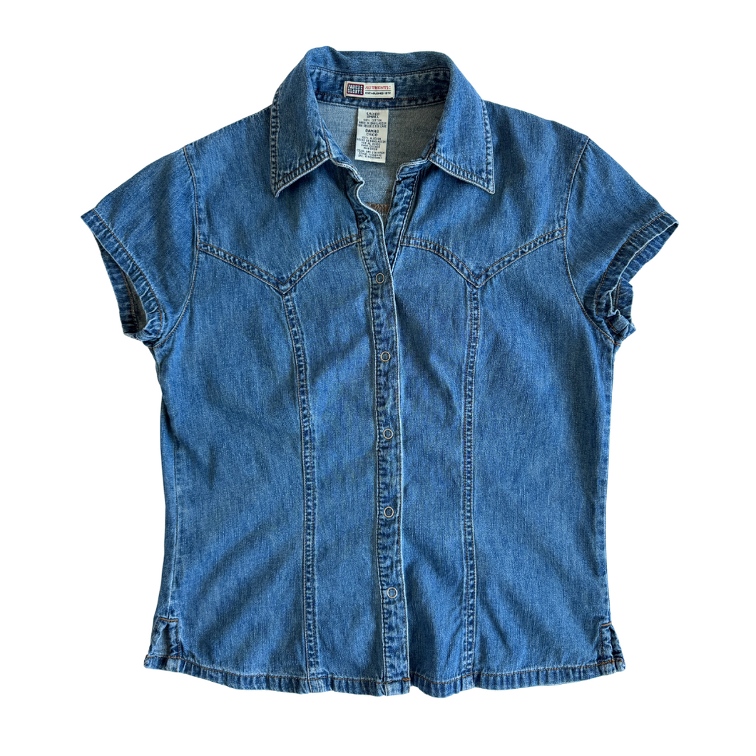 Vintage Y2K 2000s Faded Glory Short Sleeve Denim Blouse | Small-Medium