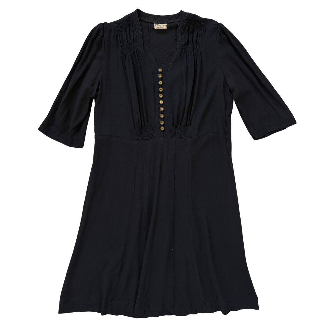 Vintage 70s-80s Fit for a Queen Black Midi Dress with Buttons | 2X