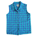 Vintage 1990s Teal Floral Plaid Cotton Collared Sleeveless Blouse | Medium-Large