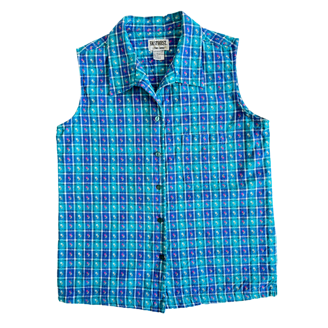 Vintage 1990s Teal Floral Plaid Cotton Collared Sleeveless Blouse | Medium-Large