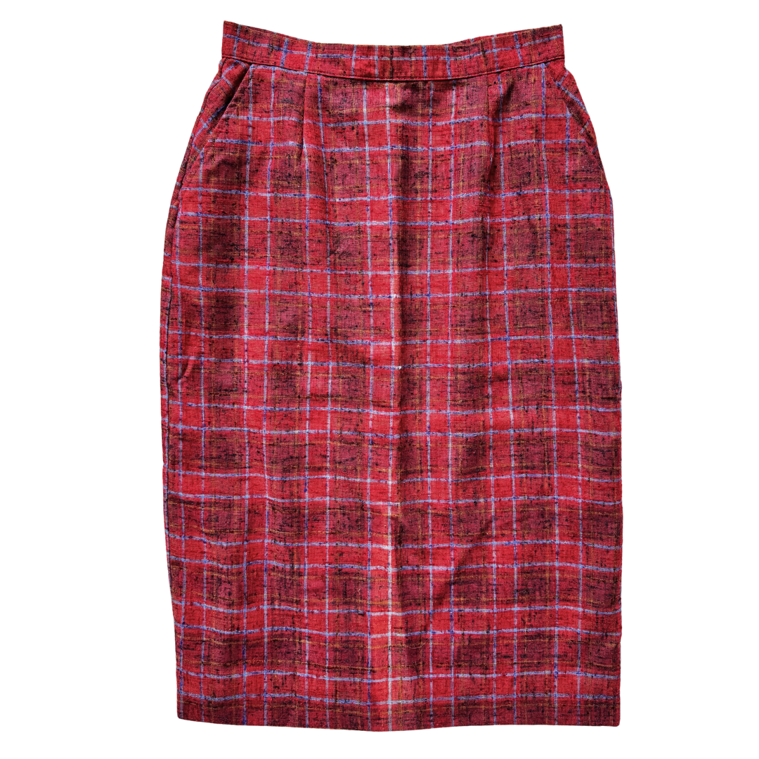 Vintage 70s-80s Fashion Trends Cranberry Red Wool Blend Plaid Midi Skirt | Medium