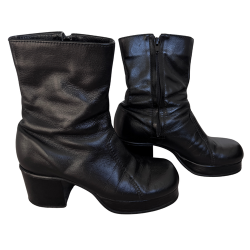 Vintage 1970s Black Leather Platform Boots | Men's 7, Women's 8
