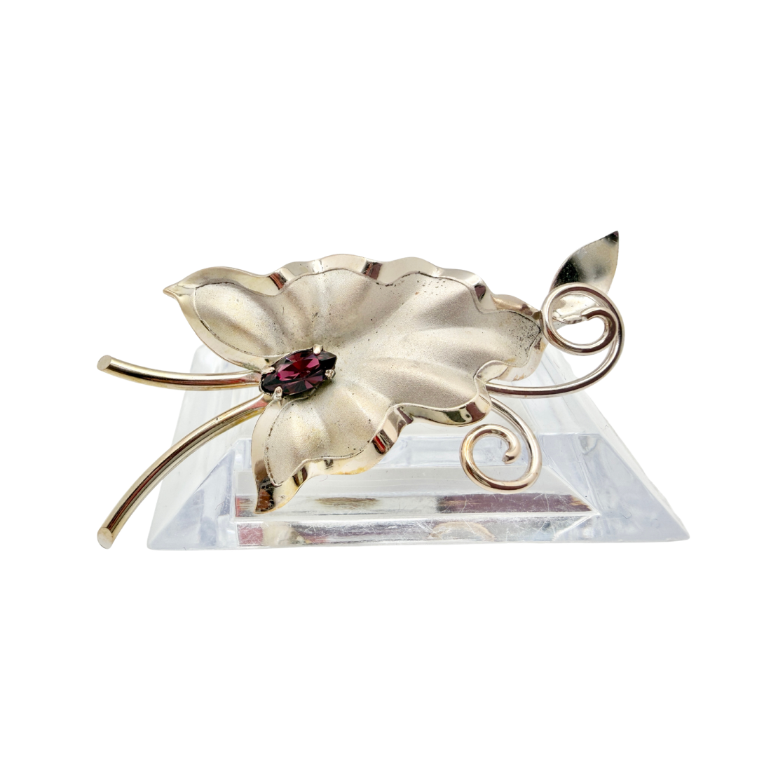 40s-50s Bond Boyd Sterling Silver Leaf Brooch with Purple Marquise Rhinestone