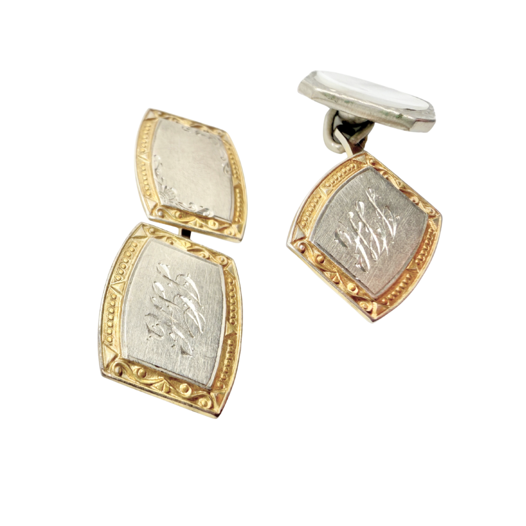 Antique 20s Parks Bros. and Rogers Gold and Sterling Silver Cuff Links with Mother of Pearl