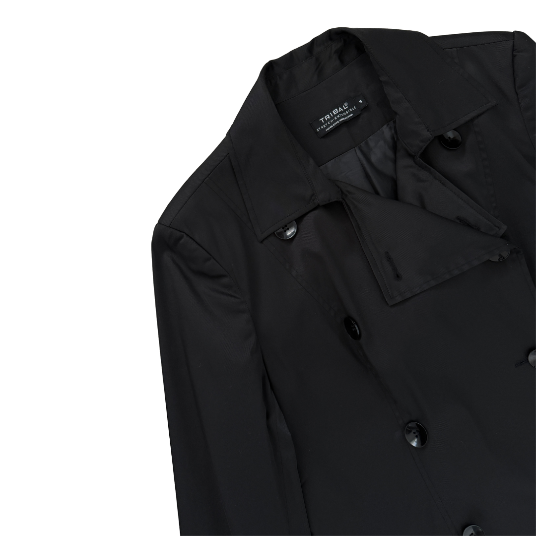 Tribal Double Breasted Black Trench Coat | Medium