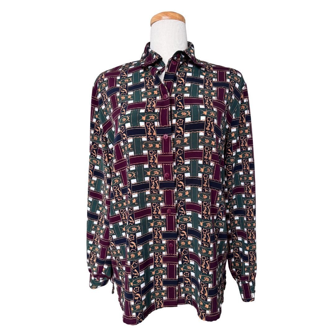 Alia Burgundy Green and Navy Graphic Blouse | Large