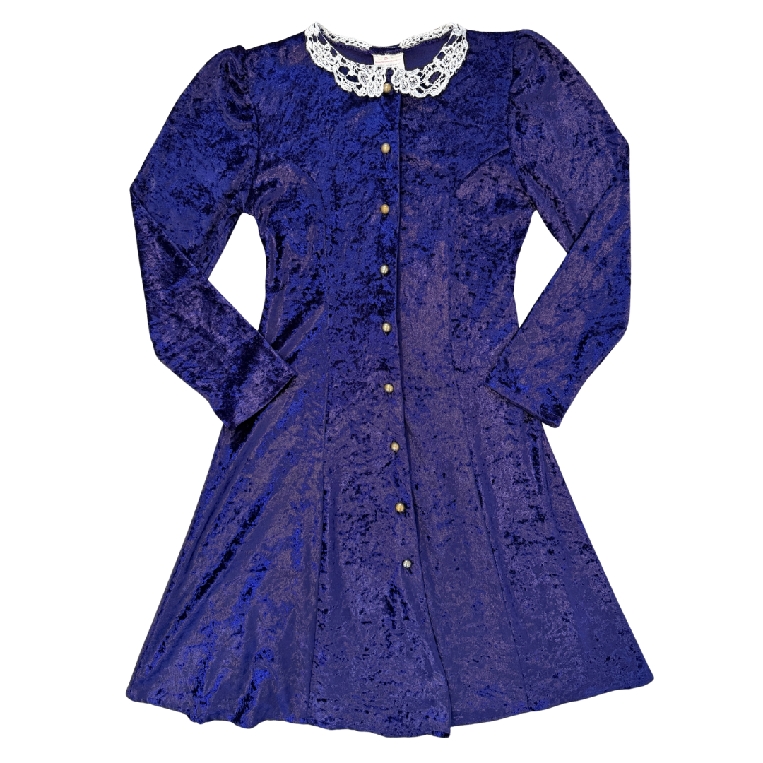 Vintage 80s Royal Purple Velvet Dress with Lace Trim Collar | Extra-Small