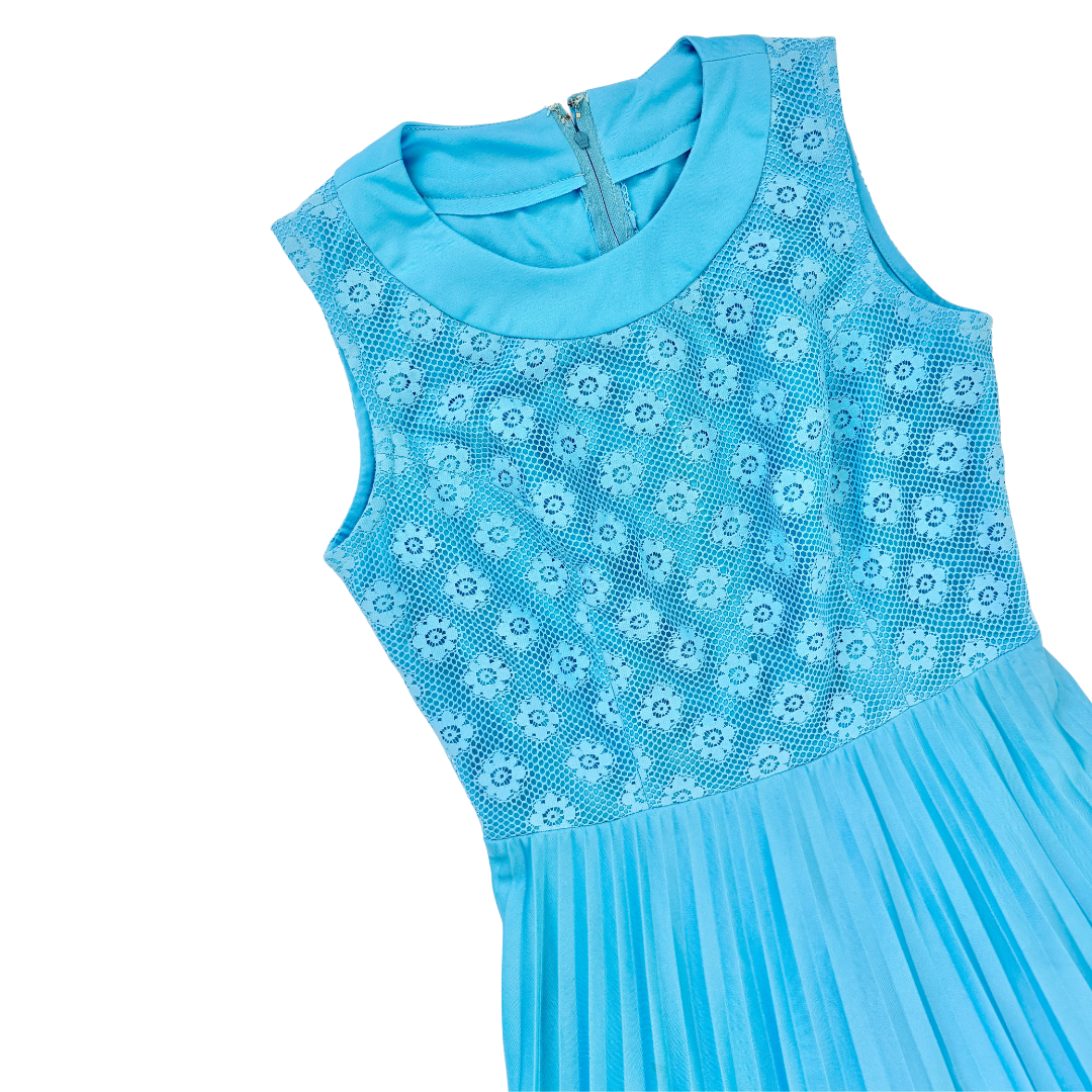 House of Nu Mode Baby Blue Floral Lace Dress with Pleated Skirt | Small