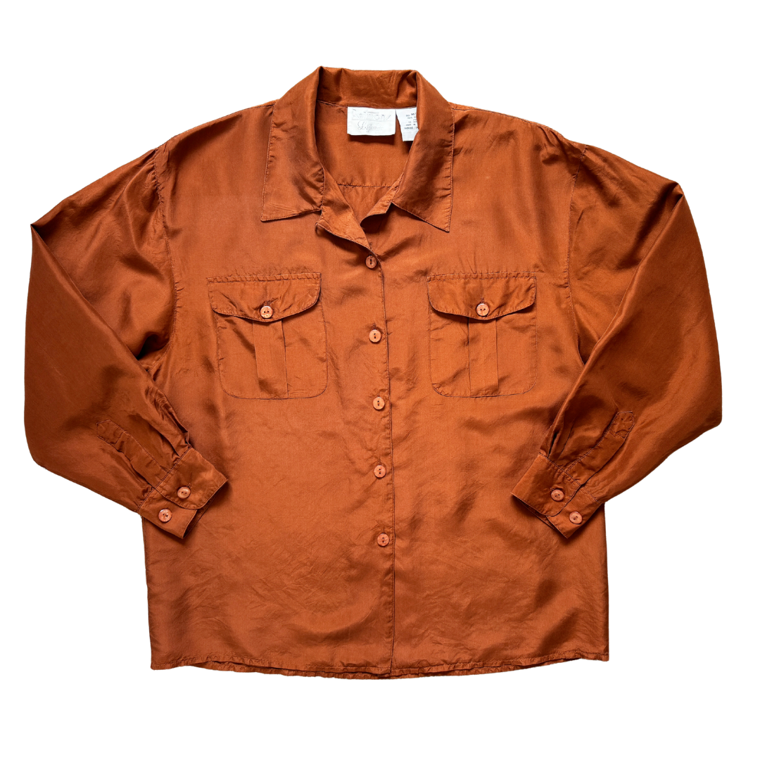 Vintage 80s Reitman's Lifestyle Copper Silk Blouse | Medium - Large