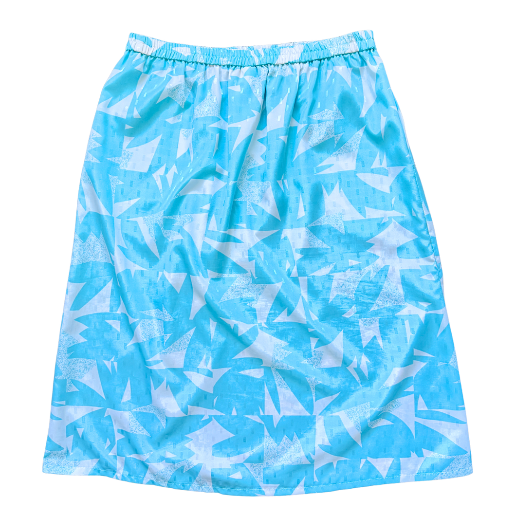Vintage 1980s Bright Blue Satin Geometric Print Maxi Skirt - Medium / Large