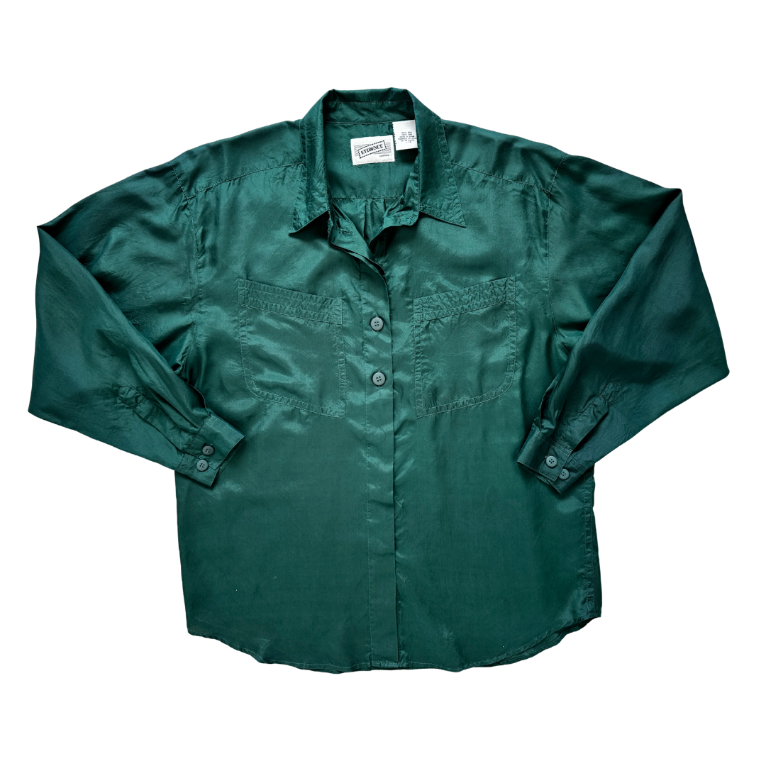 Vintage 80s Evidence Emerald Green Silk Blouse | Large