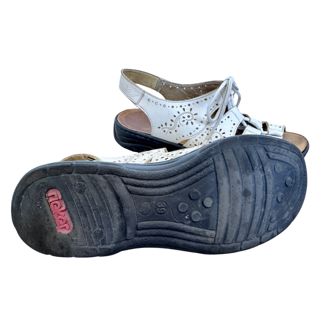 Rieker White Floral Laser Cut Lace Up Sandals | 39 (Women's 9)