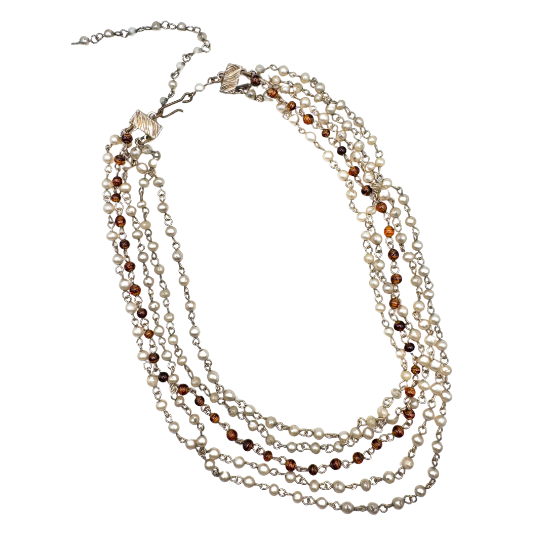 Faux Pearl and Tiger's Eye Layered Rosary Chain Necklace