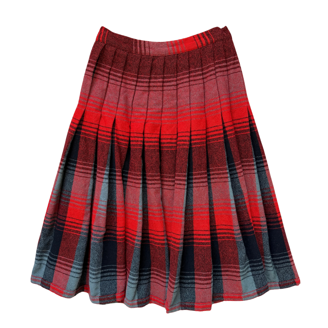 Reversible Black and Red Plaid Pleated Wool Midi Skirt | Extra-Small