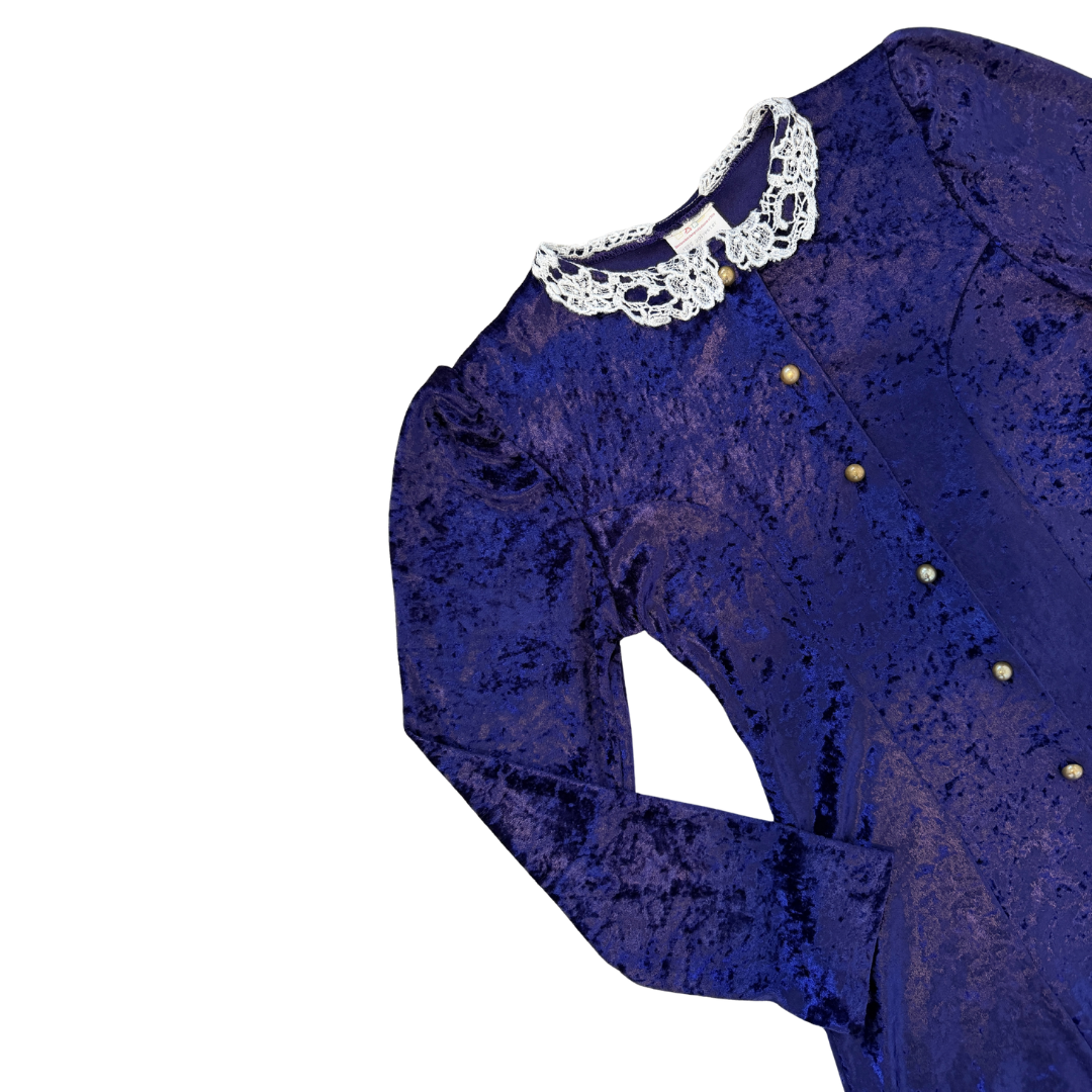 Royal Purple Velvet Dress with Lace Trim Collar | Extra-Small