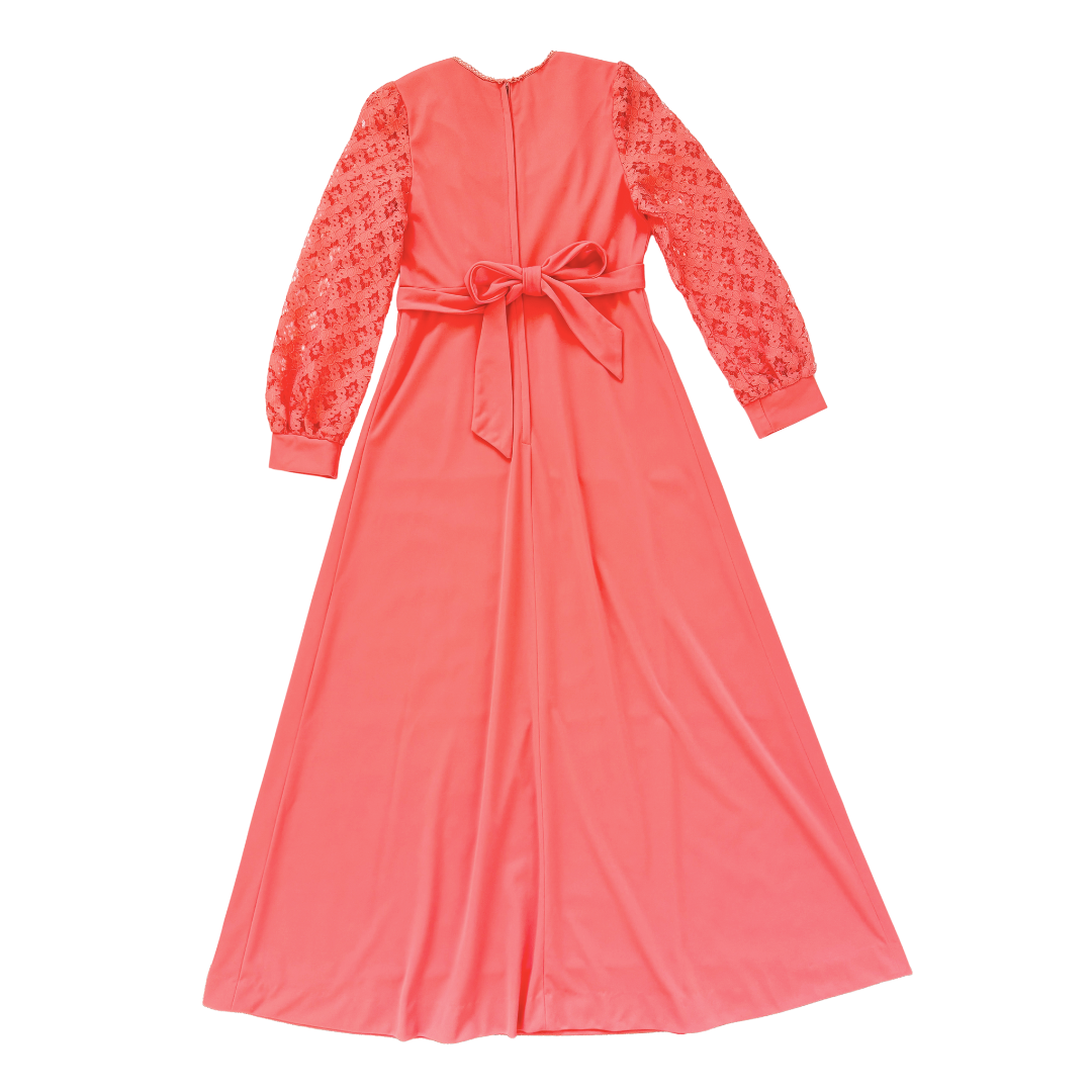 60s-70s Coral Maxi Dress with Lace Insert and Sleeves | Small