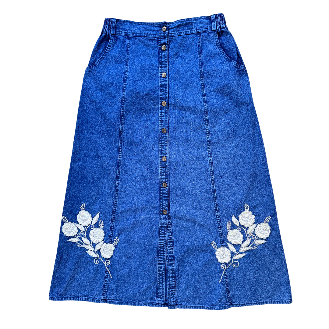 Vintage 1980s-1990s Jazzino Dark Denim Skirt with Pearl Floral Applique | Medium-Large