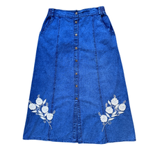 Load image into Gallery viewer, Vintage 1980s-1990s Jazzino Dark Denim Skirt with Pearl Floral Applique | Medium-Large
